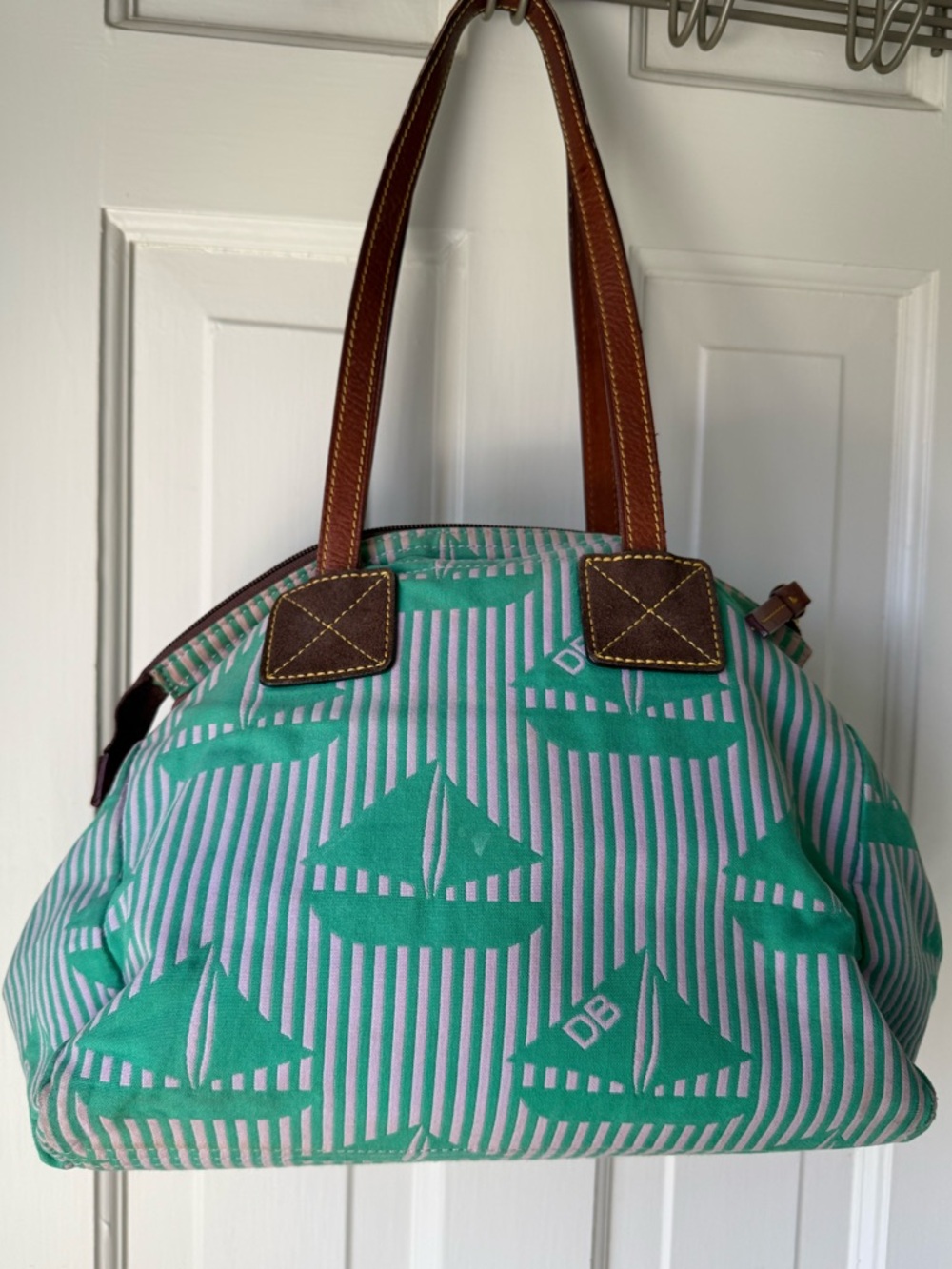 Dooney & Bourke Turquoise Striped Sailboat Tote with Brown Leather Handles